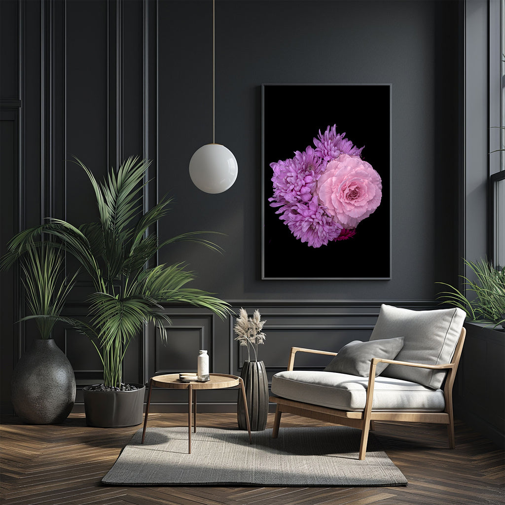 Modern living room with a dark wall, a chair, a small table, and a floral artwork.