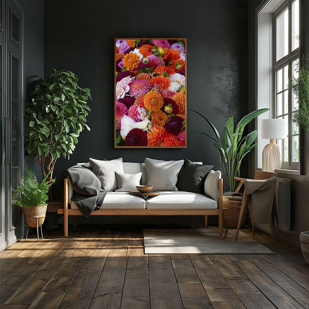 Modern living room with a colorful floral painting on the wall, gray sofa, and plants.