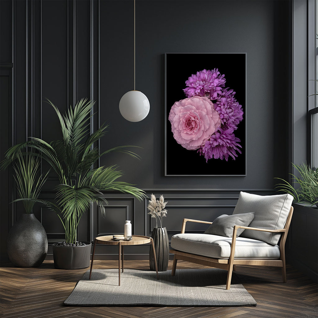 Modern living room with a dark wall, floral artwork, and decorative plants.