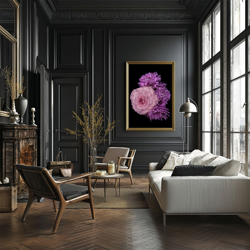 Modern living room with dark paneled walls, a white sofa, and a floral artwork.