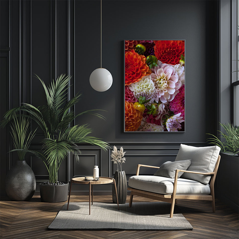 dahlia flower wall art on a slate grey wall with a single modern arm chair and table and ferns