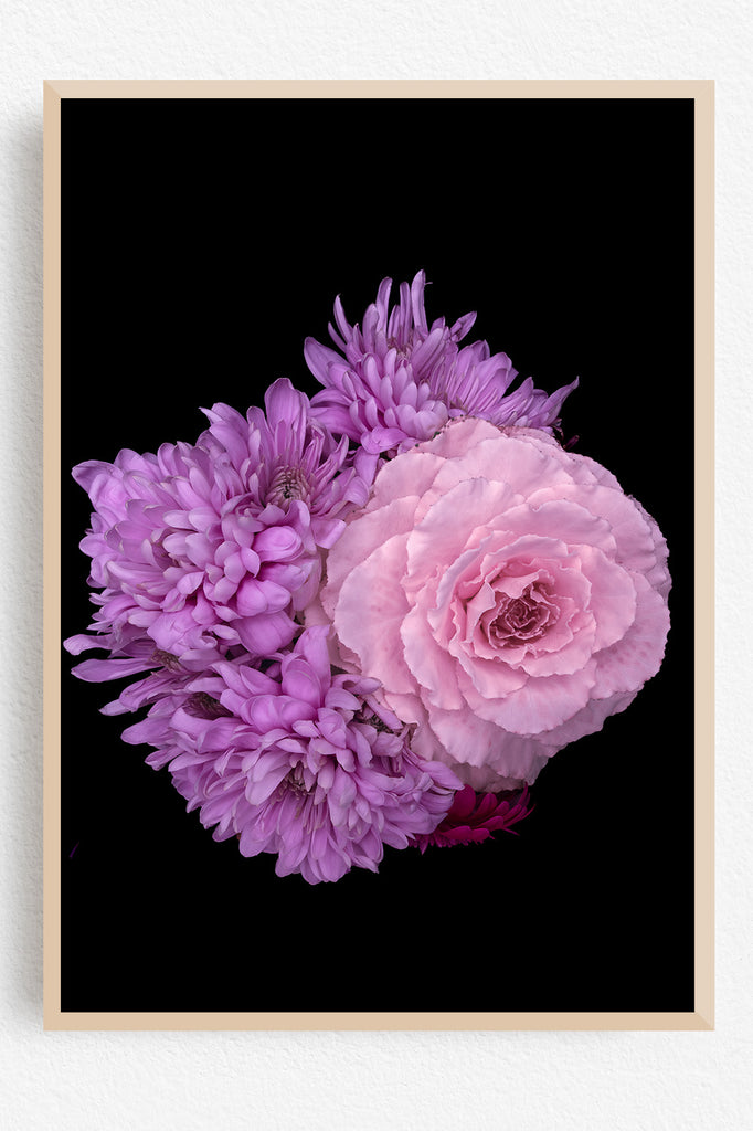 Framed artwork of pink and purple flowers on a black background