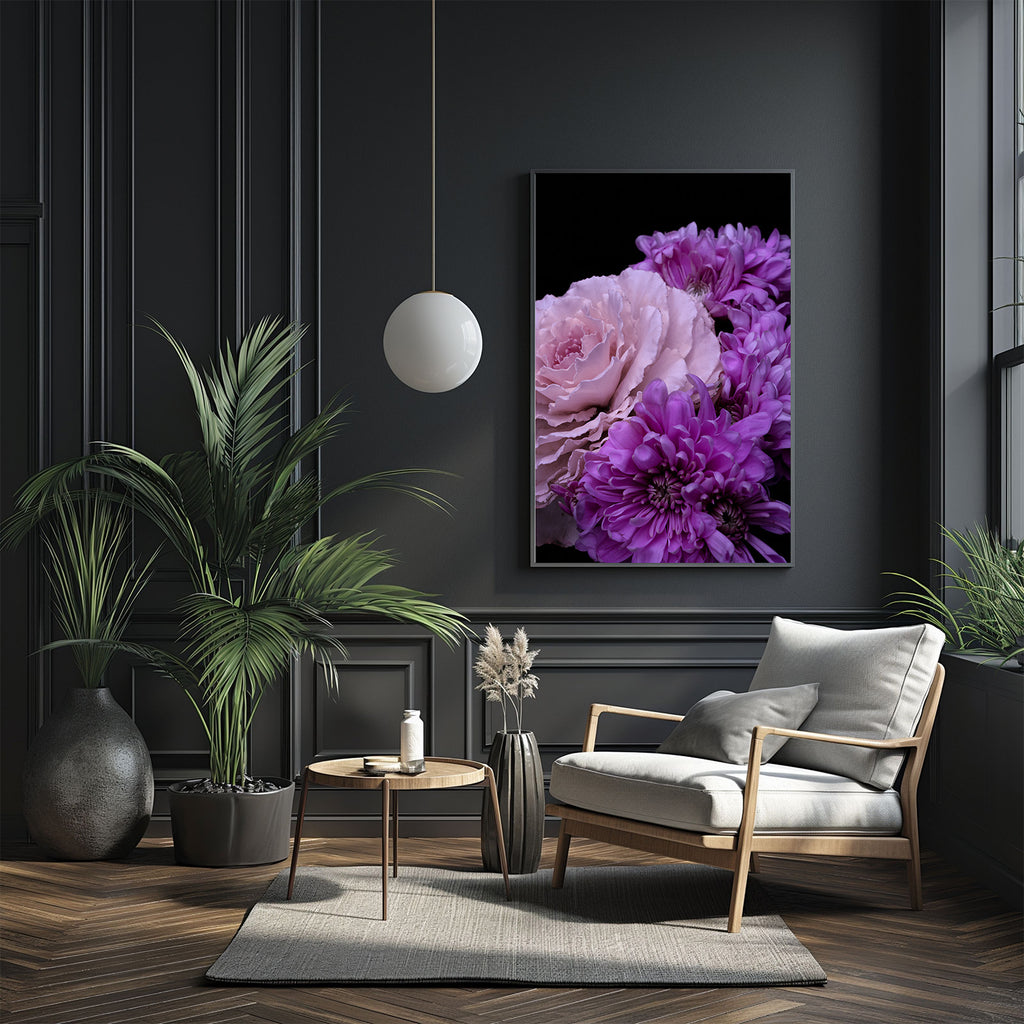 Modern living room with a dark wall, floral artwork, and decorative plants.