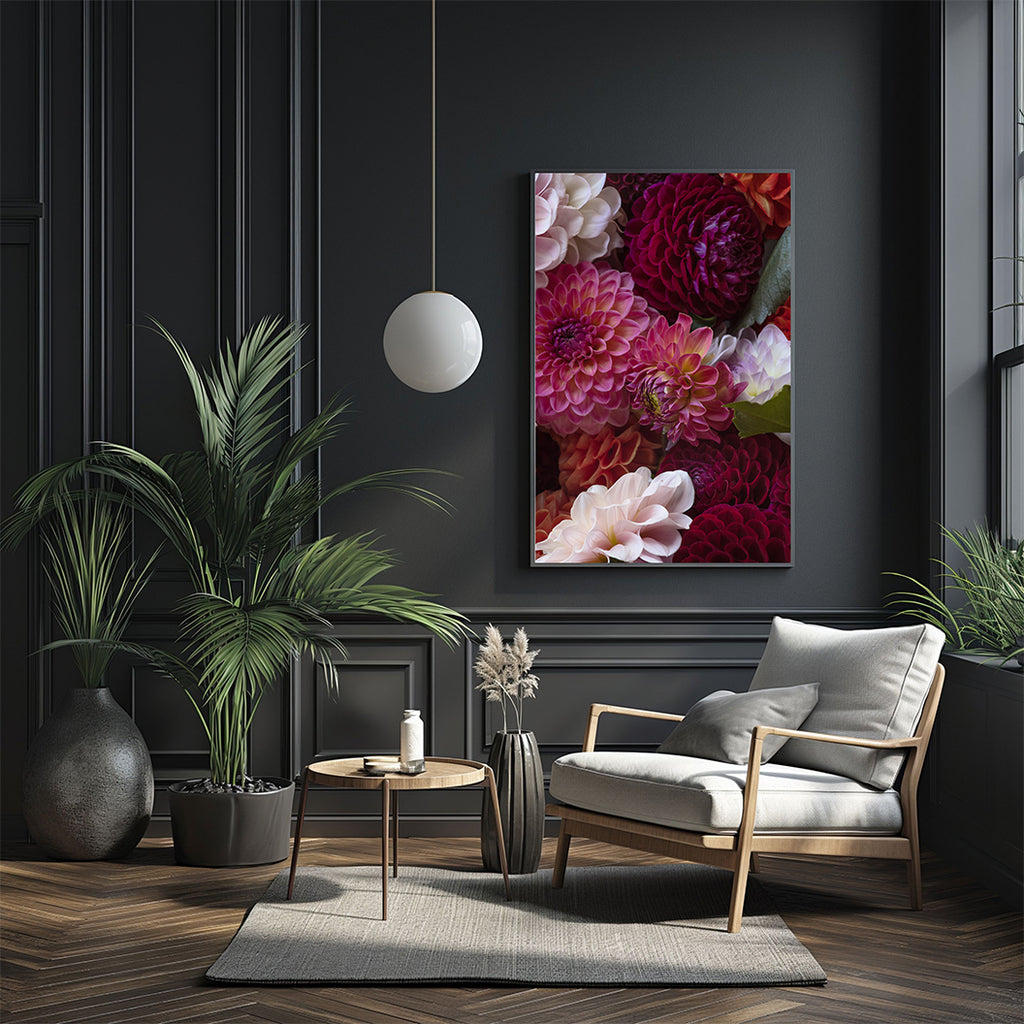 Modern living room with a floral painting, chair, and plants.