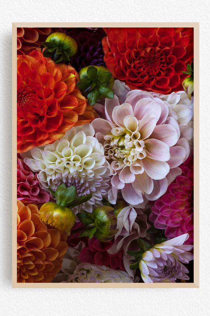 Colorful floral arrangement with a wooden frame